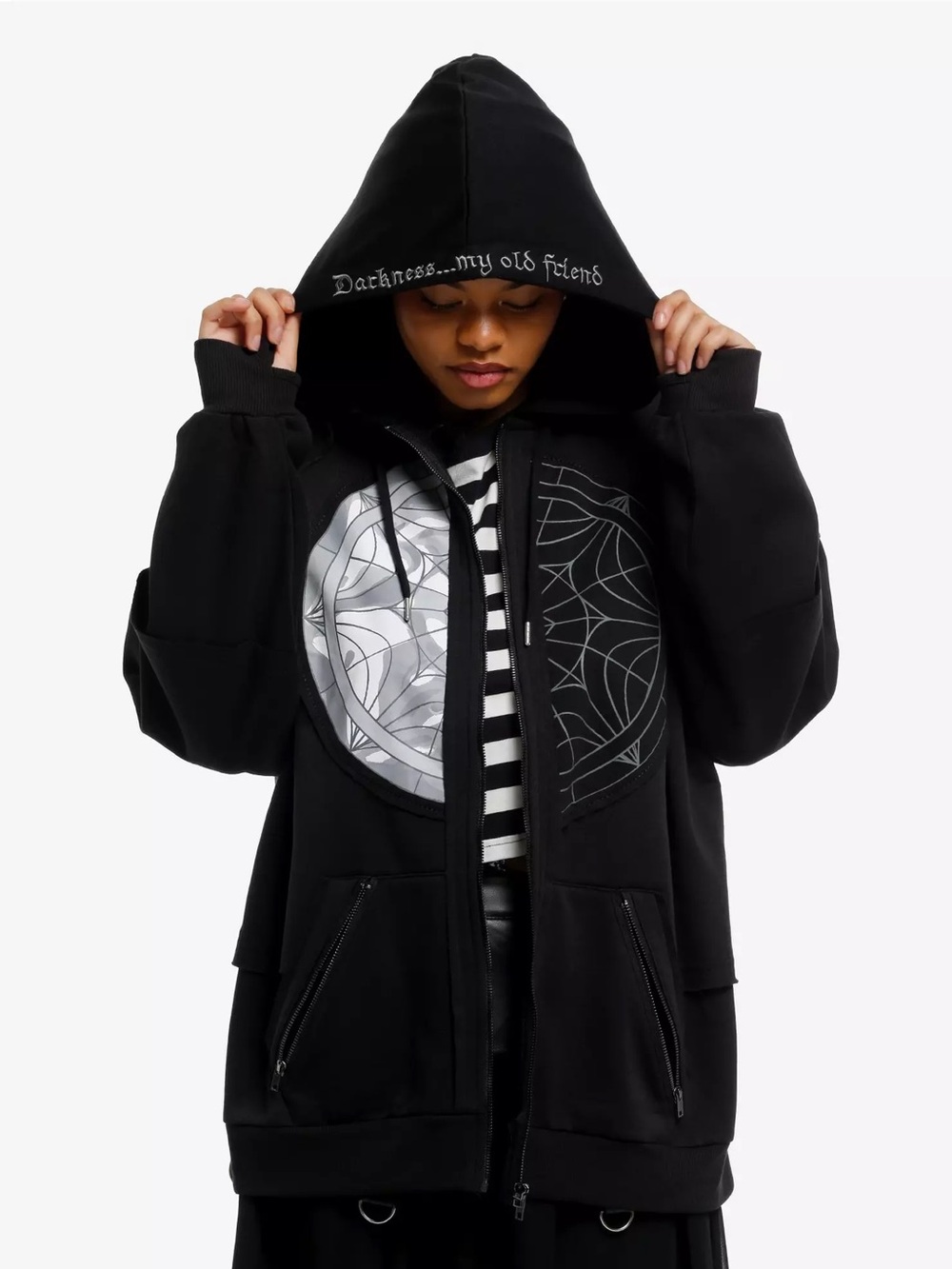 ADDAMS FAMILY Wednesday Split Window Girls Oversized Hoodie Black Size XL NEW - Picture 2 of 10